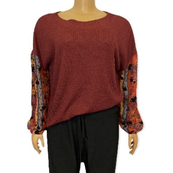 Gypsies & Moondust Top Thermal Waffle Knit Burgundy floral sheer Sleeve size M - Picture 9 of 12